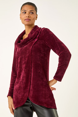Roman Wine Chenille Cowl Neck Tunic Top
