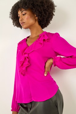 Roman Cerise Satin Ruffle Neck Blouse