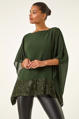 Roman Dark Green Sequin Hem Contrast Tunic Top