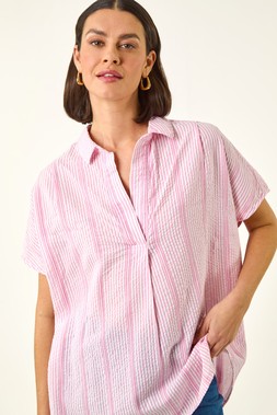 Roman Light Pink Stripe Pleated Neck Top