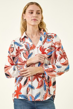 Roman Orange Leaf Print Pintuck V-Neck Top