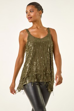 Roman Khaki Tassel Sequin Chiffon Top