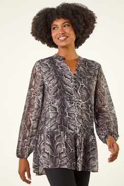 Roman Dark Grey Snake Print V-Neck Tunic Top