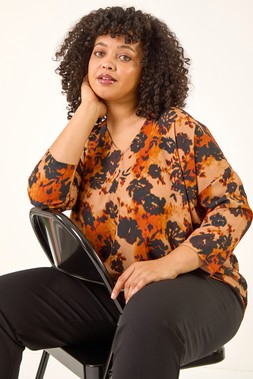 Roman Curve Rust Watercolour V-Neck Stretch Top