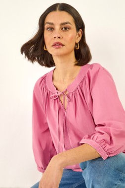 Roman Pink Stitch Detail Tie Front Top