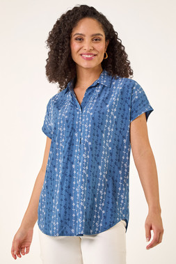 Roman Denim Floral Stripe Print V-Neck Top