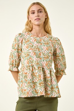 Roman Green Leaf Print Textured Stretch Top