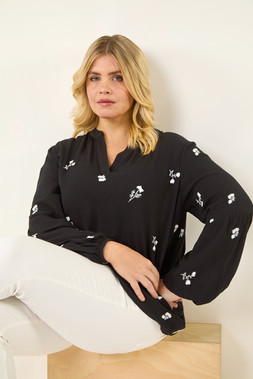 Roman Curve Black Embroidered Woven Top