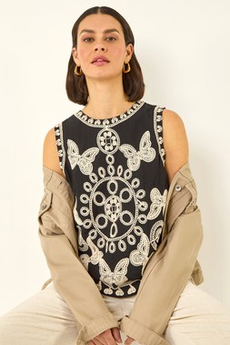 Roman Black Butterfly Embroidered Vest Top