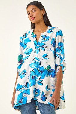 Roman Blue Floral Wrap Hem Stretch Tunic Top