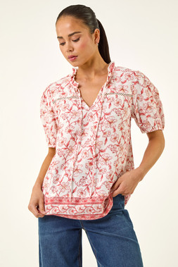 Petite Coral Floral Border V-Neck Top