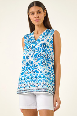 Roman Blue Floral Border Print V-Neck Top