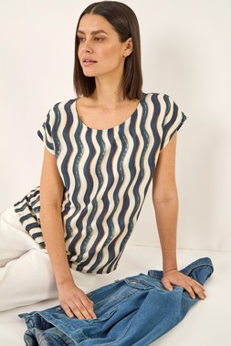 Roman Navy Wave Stripe Print Tunic Top