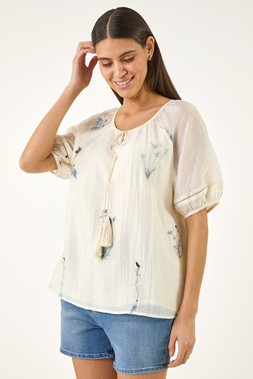 Roman Botanical Embroidery Keyhole Top
