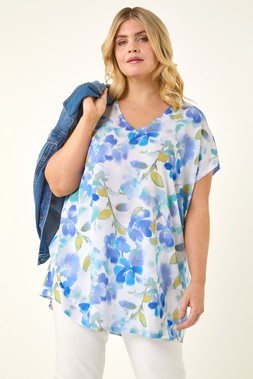 Roman Curve Blue Floral Print V-Neck Top