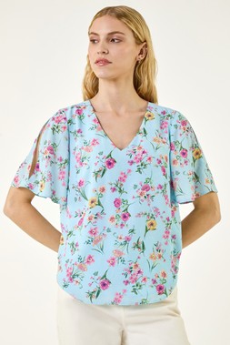Roman Floral Print Angel Sleeve Top