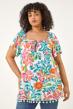 Roman Curve Blue Floral Pom Pom Bardot Top