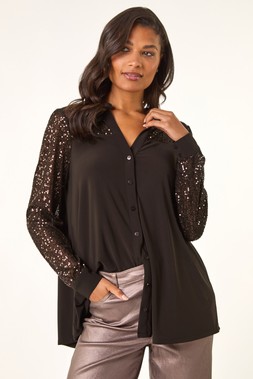 Roman Chocolate Embellished Sequin Stretch Blouse