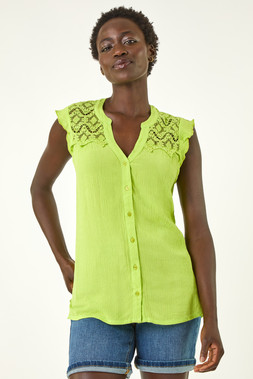 Roman Lime Sleeveless Lace Detail Blouse