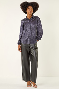Roman Midnight Blue Foil Plisse Button Through Blouse