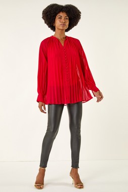 Roman Red Tie V-Neck Pleated Blouse