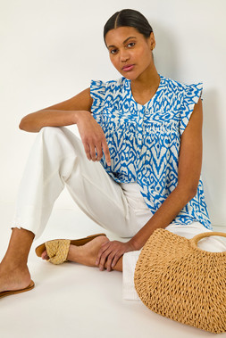 Roman Blue Abstract Print Sleeve Blouse