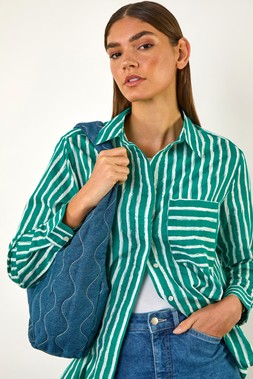 Roman Green Stripe Linear Print V-Neck Button Shirt & Light Denim Cotton Blend Wide Leg Stretch Jeans