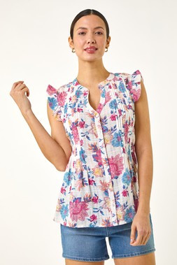 Roman Floral Print Pintuck Frill Blouse