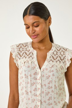 Roman Pink Lace Yoke Floral Blouse