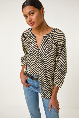 Roman Black Linear Print V-Neck Blouse