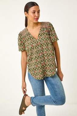 Roman Khaki Printed Shirred Shoulder Top