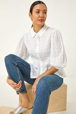 Roman Collar Shirred Button Blouse