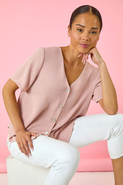 Roman Petite Light Pink V-Neck Button Through Blouse