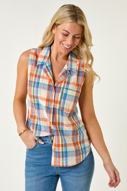 Roman Petite Check Print Button Blouse