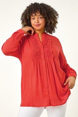 Roman Curve Red Lace Trim Pintuck Blouse