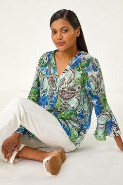 Roman Blue Paisley V-Neck Blouse