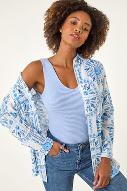 Roman Light Blue Abstract Print Collared Shirt