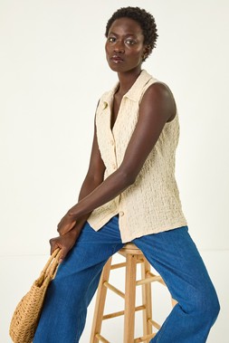 Roman Textured Sleeveless Buttoned Blouse