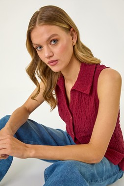 Roman Textured Sleeveless Buttoned Blouse