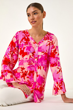 Roman Floral Print Flare Sleeve Blouse