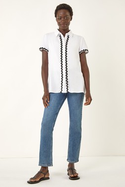 Roman Ivory Linen Mix Ric Rac Trim Button Shirt