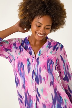 Roman Purple Blurred Print Frill Blouse