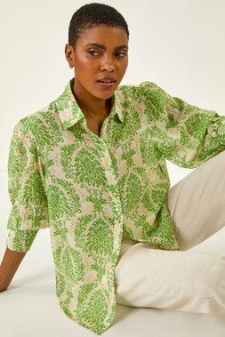 Roman Green Floral Print Collared Shirt