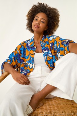 Roman Orange Floral Button Up Blouse