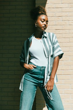 Roman Light Blue Stripe Print Button Detail Shirt
