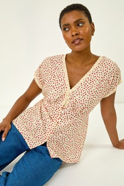 Roman Floral Ditsy Print Lace Trim Top