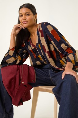 ROman Navy Abstract Print Buttoned Blouse