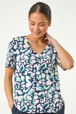 Roman Petite Floral V-Neck Stretch Blouse