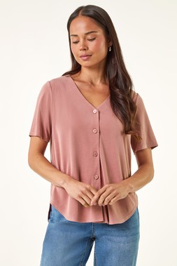Roman Petite Pink V-Neck Buttoned Blouse