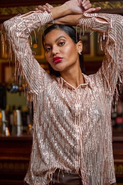 Roman Light Pink Sequin Tassel Stretch Shirt